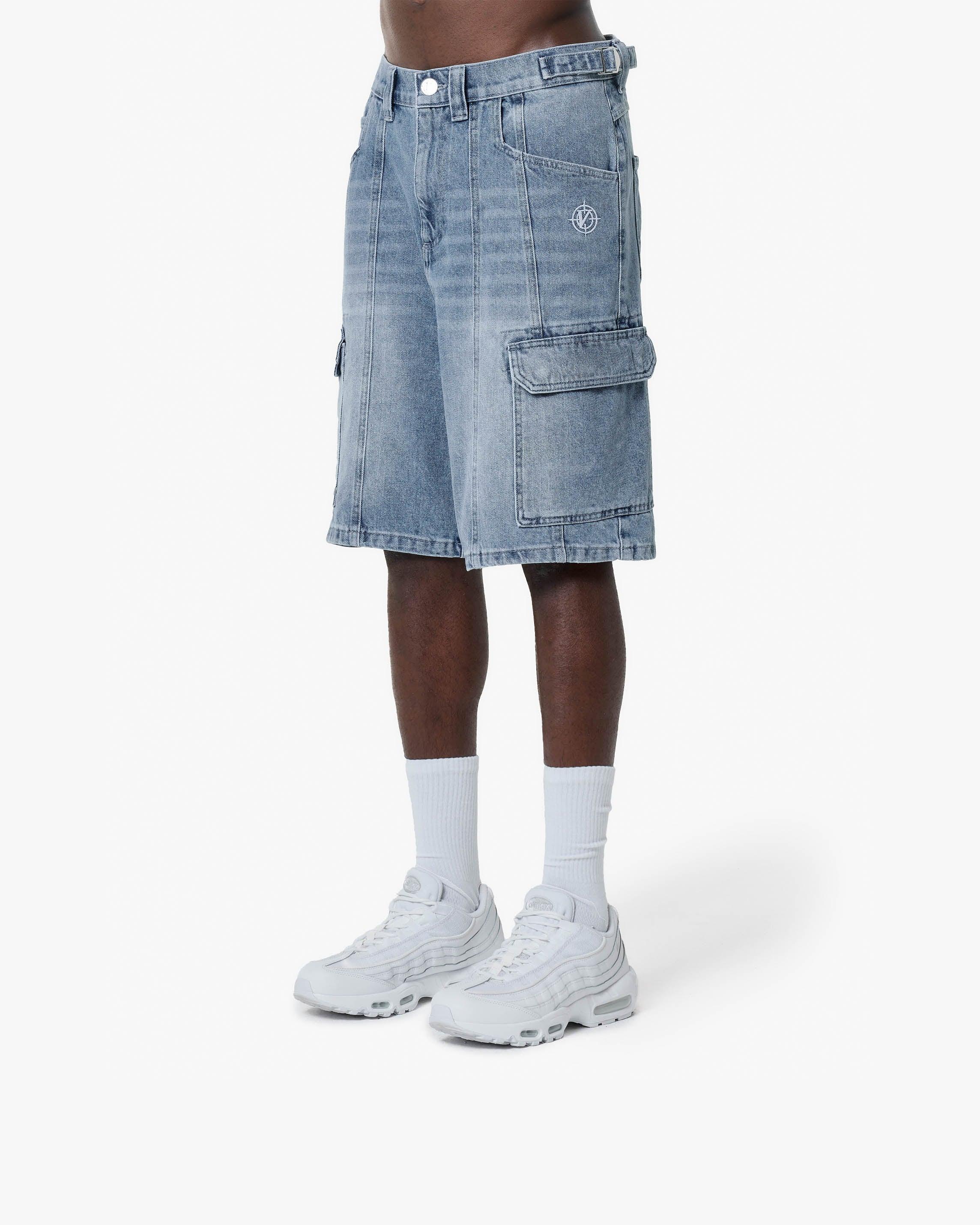 BLUE WASHED DENIM CARGO JORTS